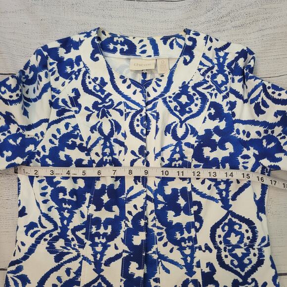 Chico's Size 0 Indigo Ink Alicia jacket Blue White Print Lightweight Clasp Close - Picture 8 of 9